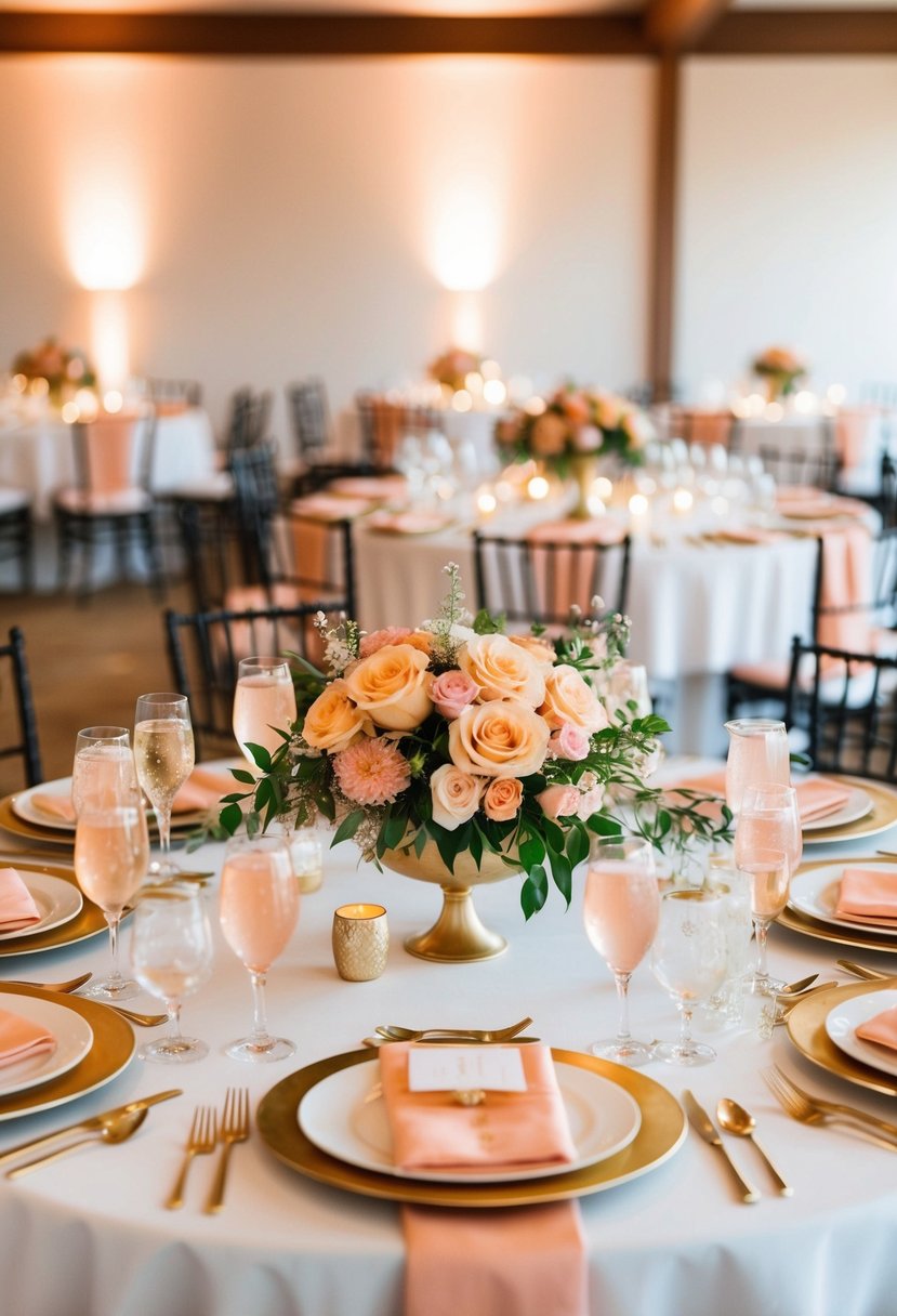 A wedding table adorned with gold accents and peach and pink floral centerpieces