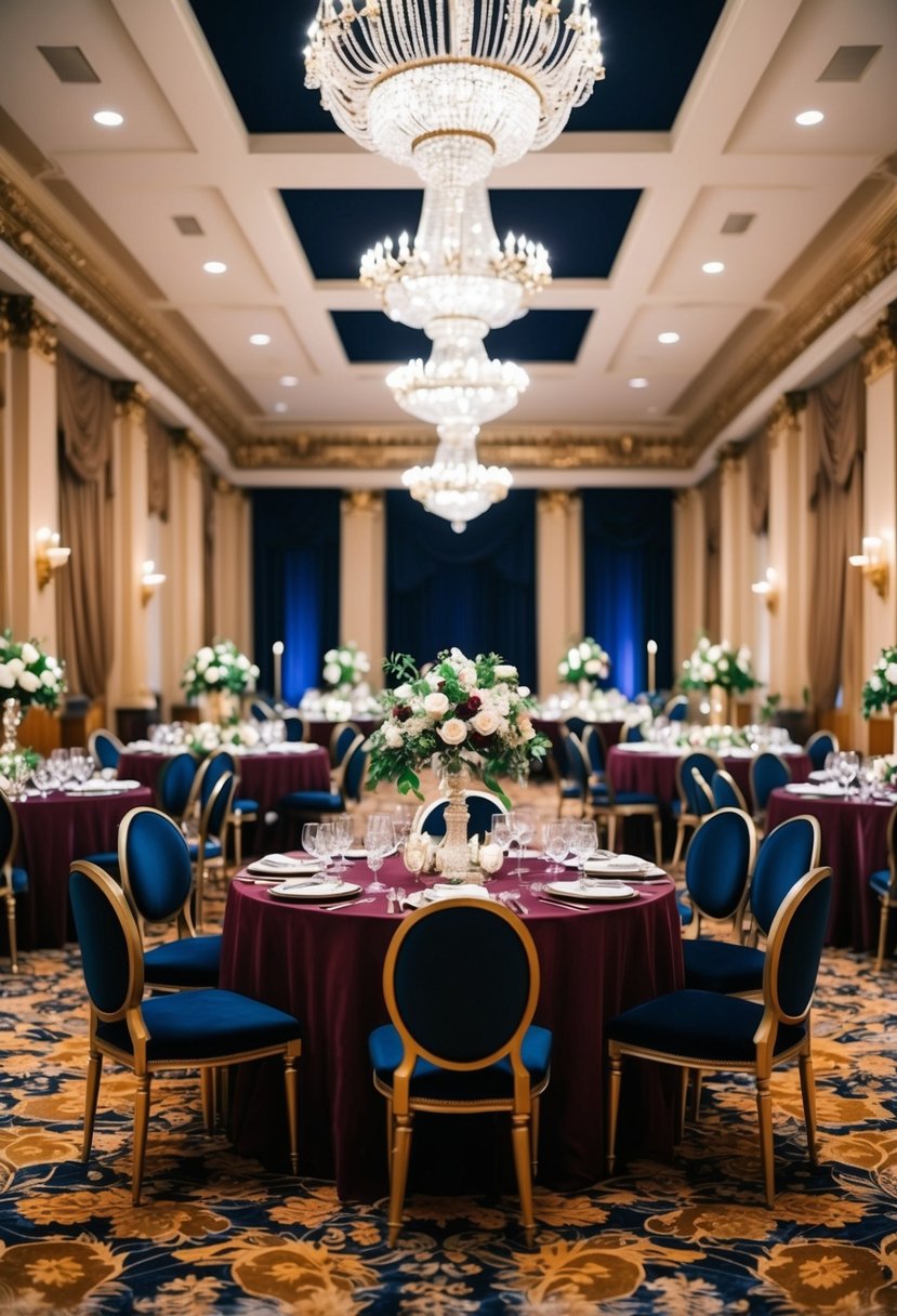 A grand ballroom adorned in rich wine and navy decor, with elegant floral arrangements and luxurious velvet accents