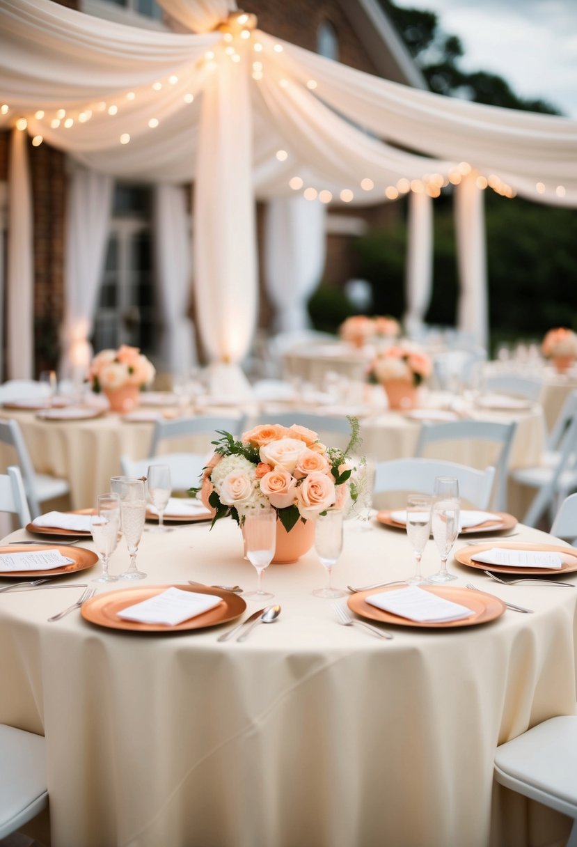 Ivory tablecloths adorned with peach centerpieces