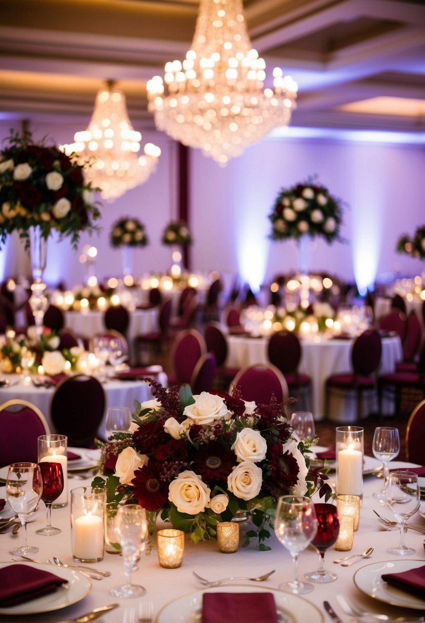 A grand banquet hall adorned with rich burgundy and cream floral arrangements, glowing candlelight, and elegant wine red accents