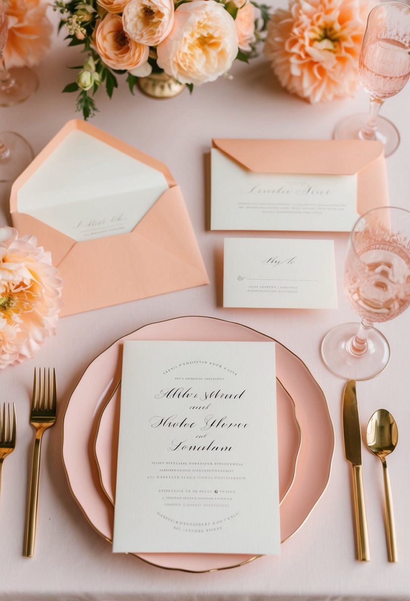 A soft peach and pink color palette adorns wedding invitations, envelopes, and table settings, creating a romantic and elegant atmosphere