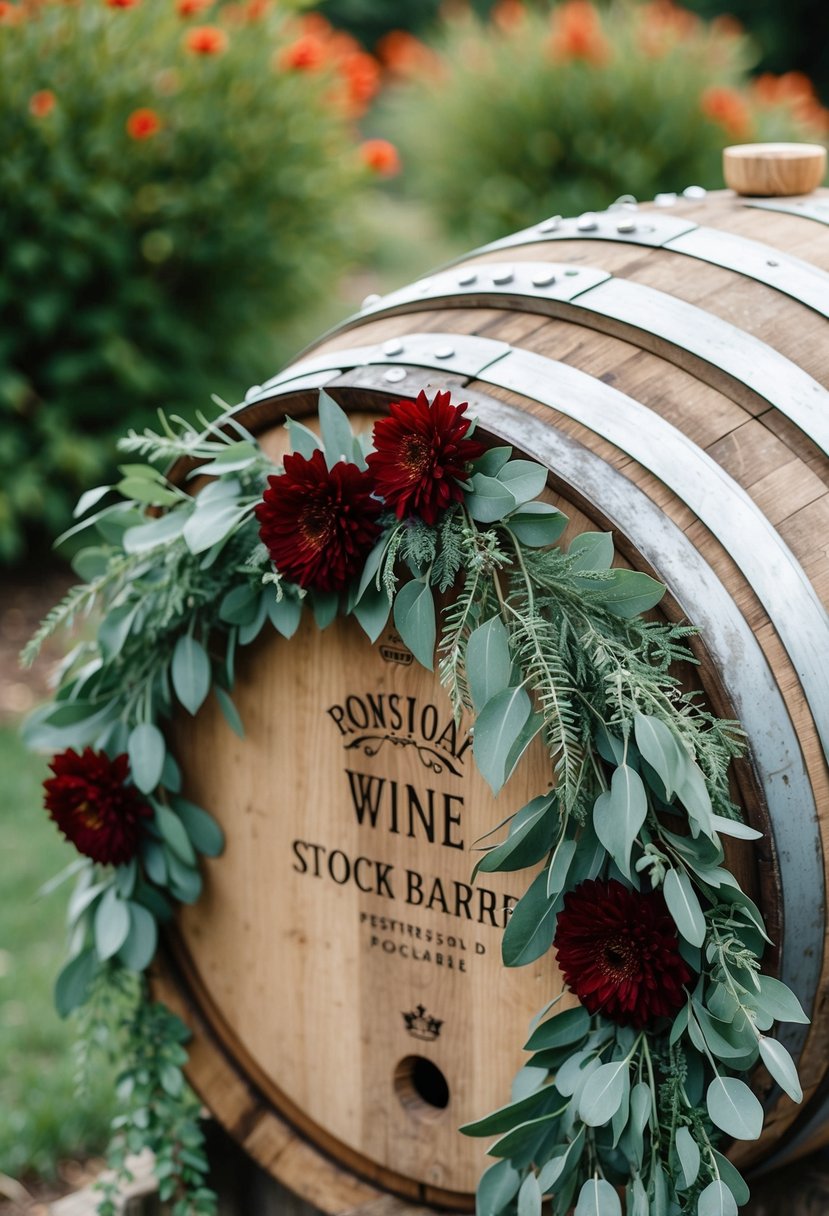 A rustic wine barrel adorned with sage green foliage and wine red flowers