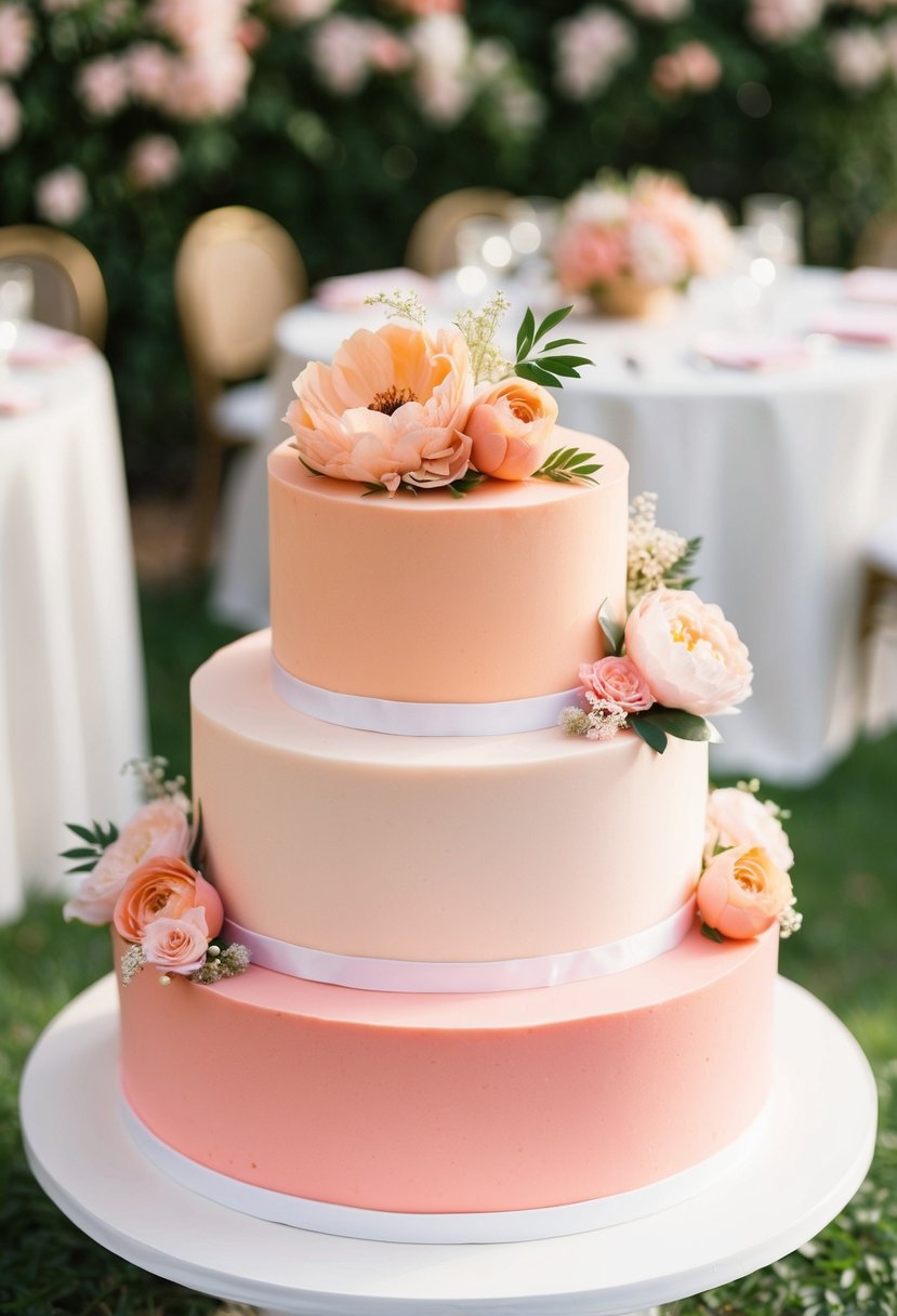 A peach and pink tiered wedding cake adorned with delicate floral decorations