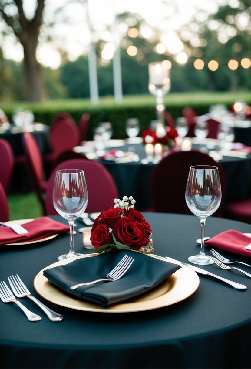 A black and wine red wedding table setting with dramatic contrast