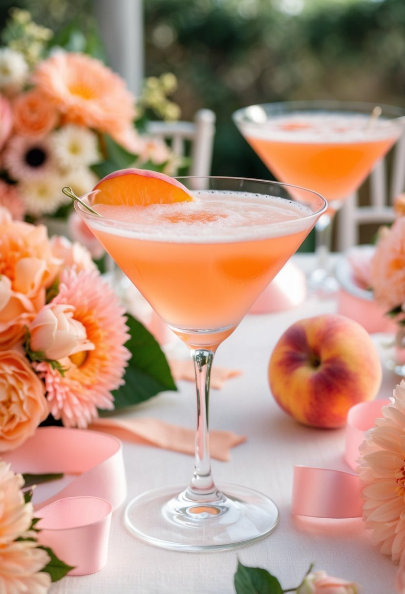 A peach bellini cocktail surrounded by peach and pink wedding decor, such as flowers, ribbons, and table settings, creating a romantic and elegant atmosphere