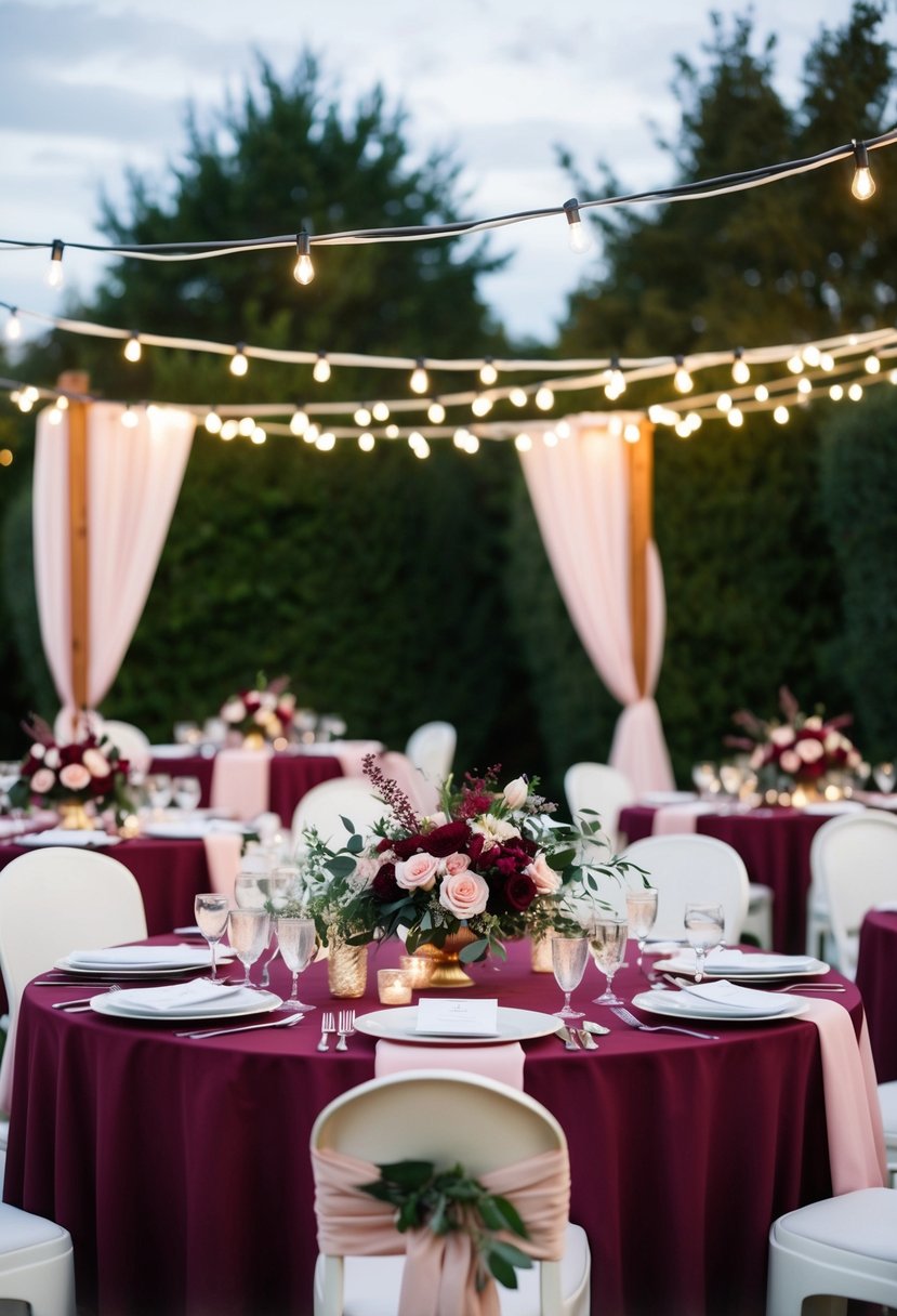 A charming outdoor wedding reception with wine red and blush pink decor, including floral centerpieces, draped fabric, and twinkling string lights