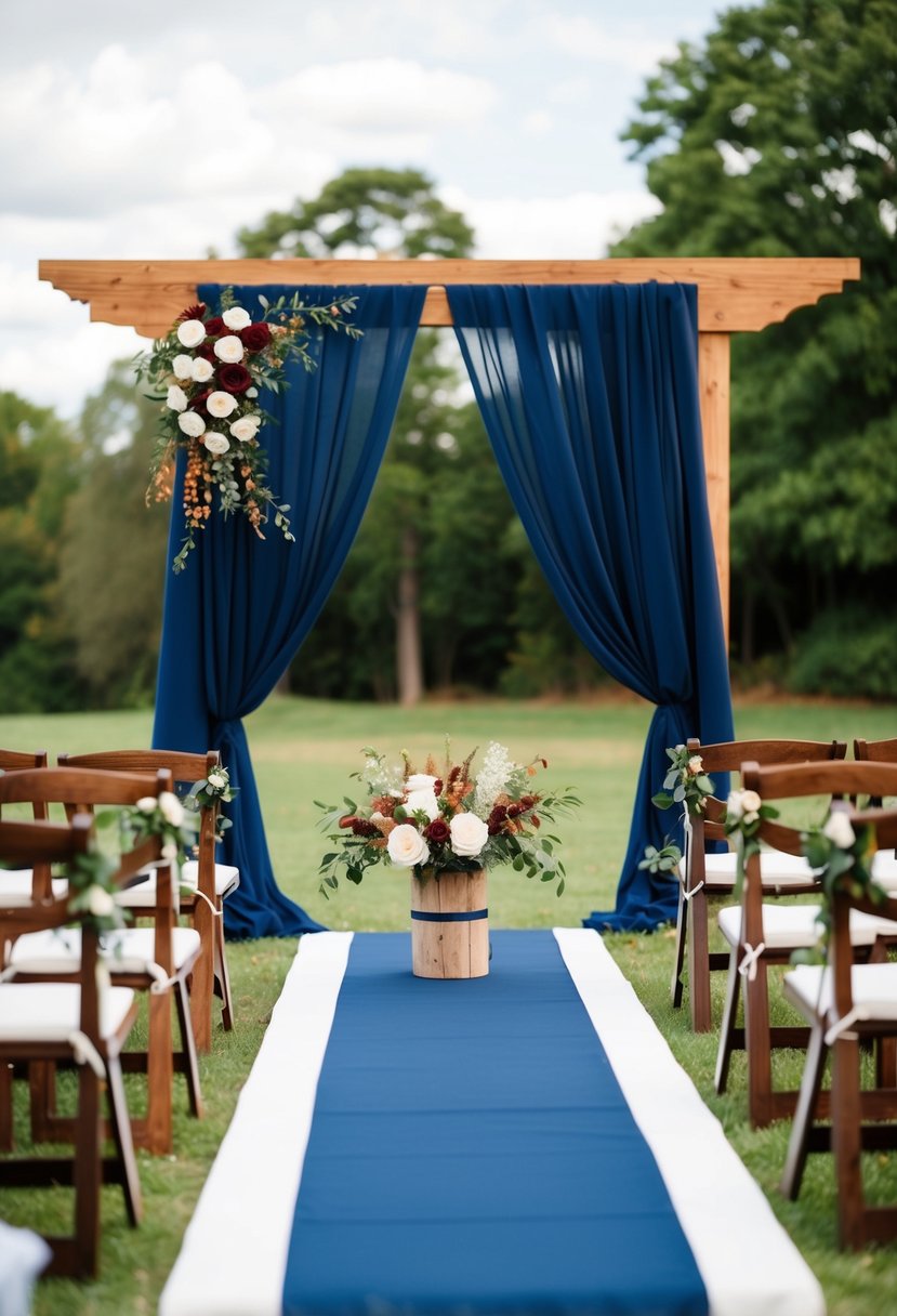 A navy blue and brown wedding color palette: a rustic outdoor setting with wooden accents, draped in navy blue fabric and adorned with brown florals