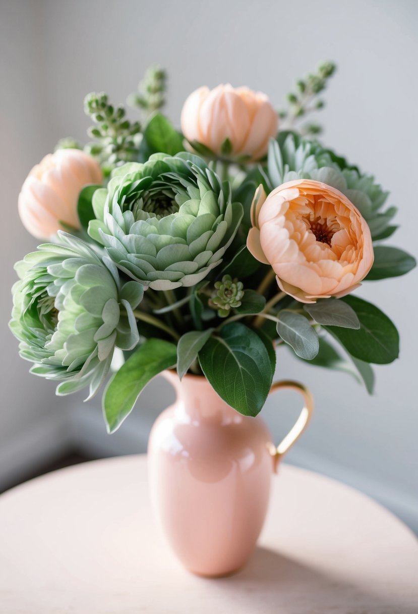 A bouquet of sage green and peach flowers arranged in a delicate pink vase