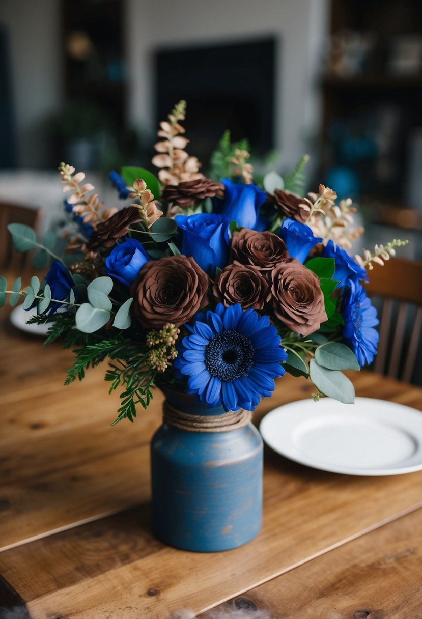 A navy blue and chocolate brown bouquet arranged in a rustic vase on a wooden table