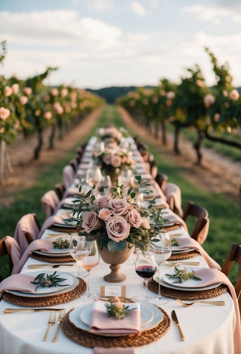 A rustic vineyard setting with dusty rose and vintage wine accents, including floral arrangements, table settings, and draped fabric