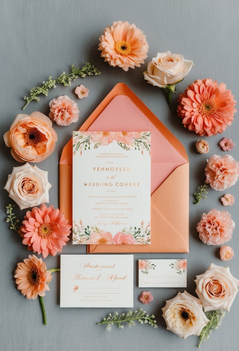 A peach and pink wedding invitation suite with floral accents and elegant details