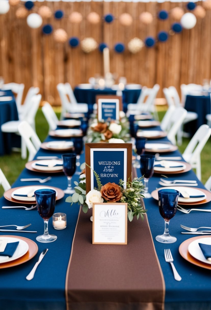 A rustic navy and brown table setting with wedding decor in navy blue and brown colors