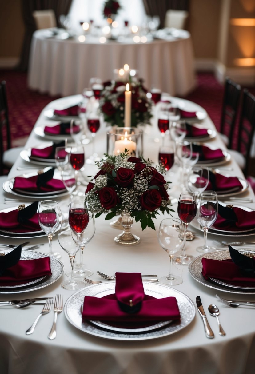 A lavish wedding table adorned with deep red wine and shimmering silver accents