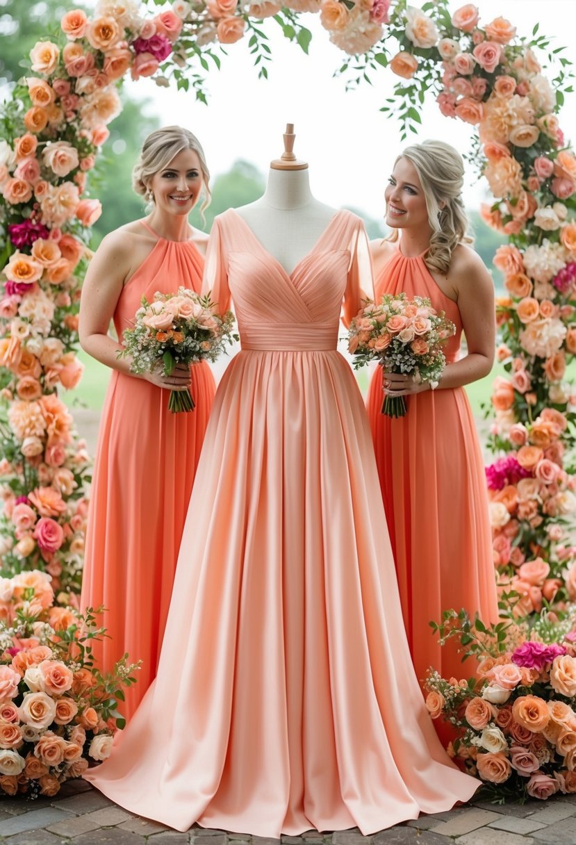 A coral bridesmaid dress surrounded by peach and pink floral arrangements at a wedding