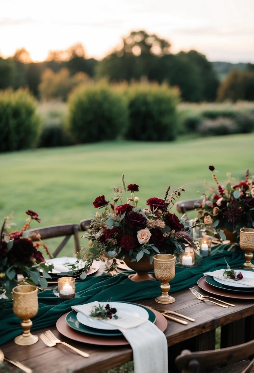 A bohemian-themed wedding with deep green and wine red color scheme. Rich, earthy tones in floral arrangements, table settings, and decor