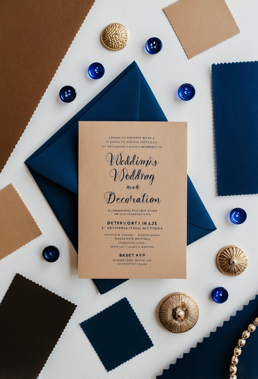 A navy blue and tan wedding invitation surrounded by brown and navy blue color swatches and decorative elements