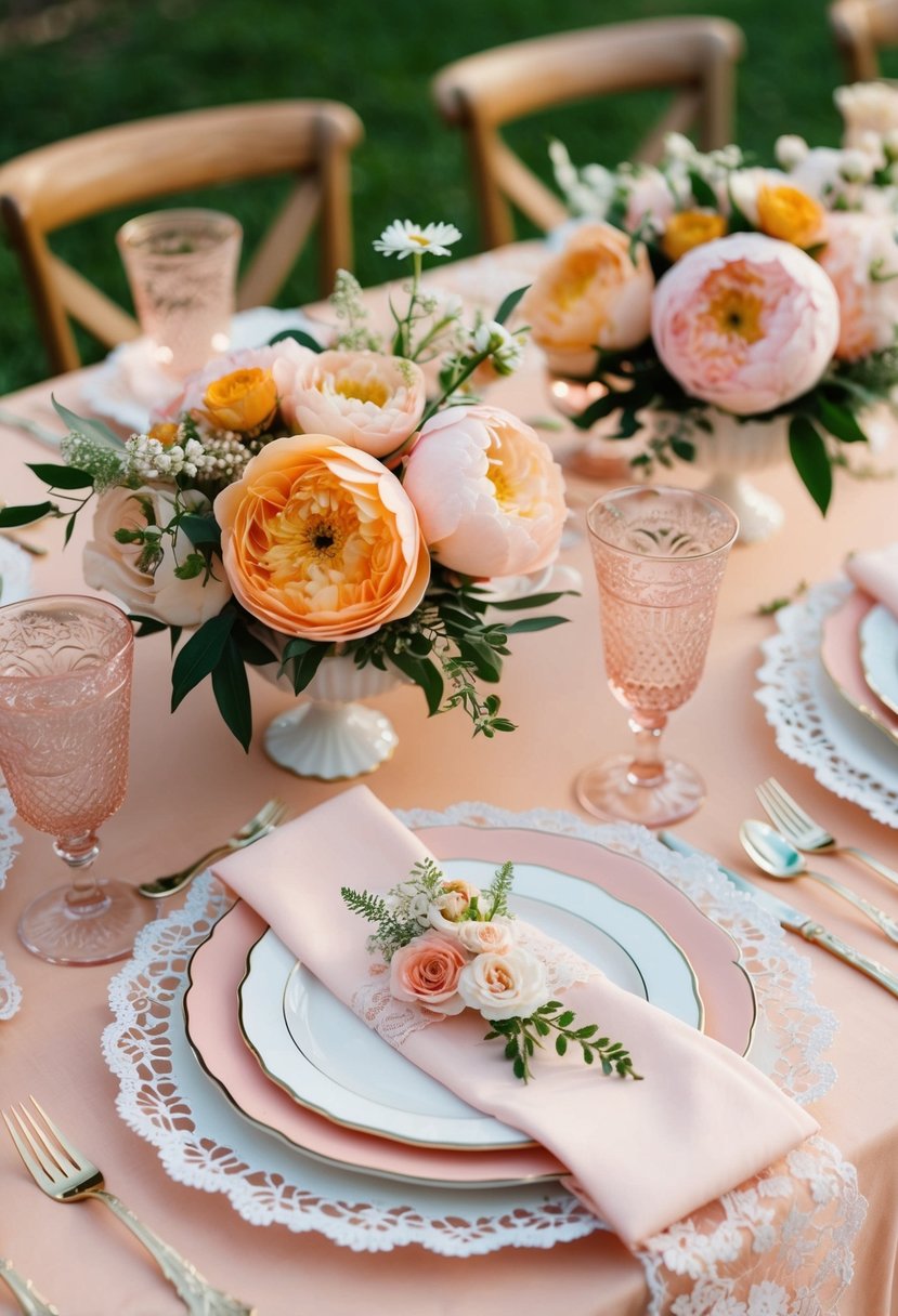 A vintage peach and pink wedding table setting with floral centerpieces and delicate lace accents