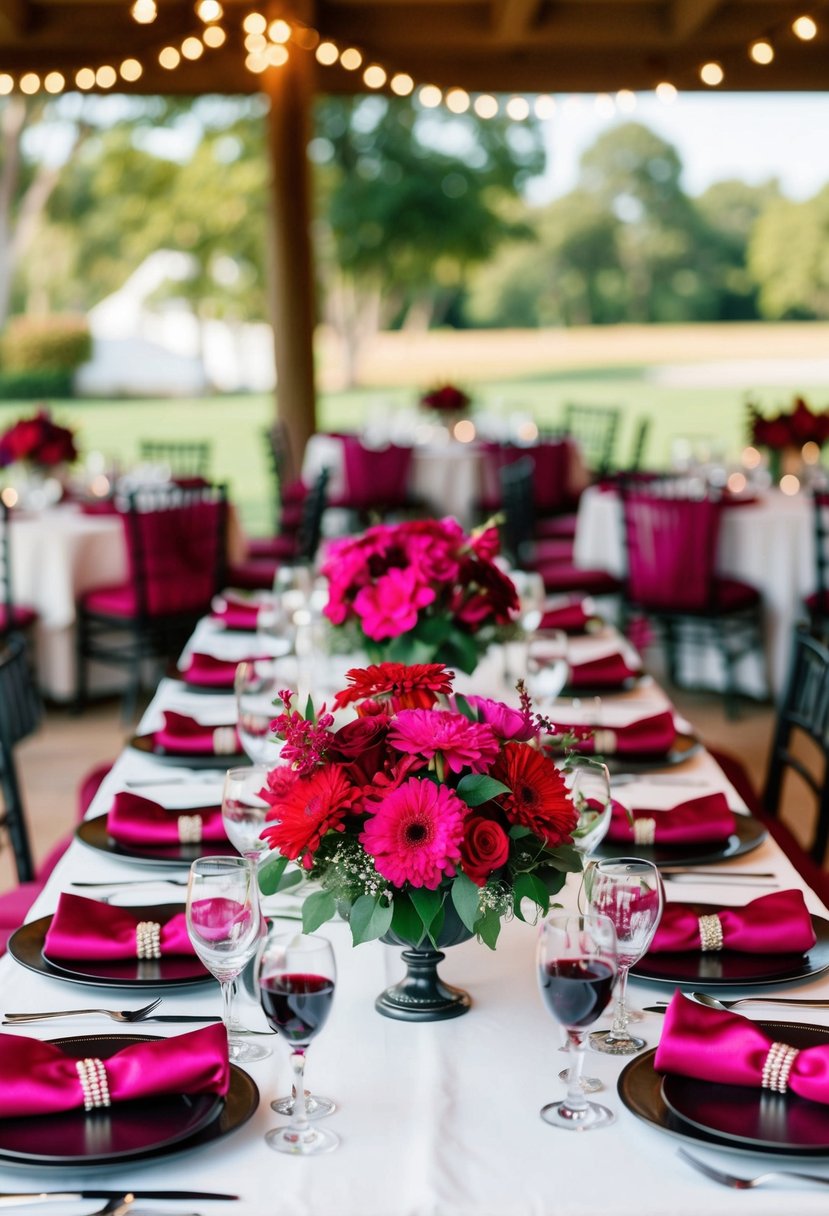 A wedding table set with vibrant wine and fuchsia red flowers, linens, and decor