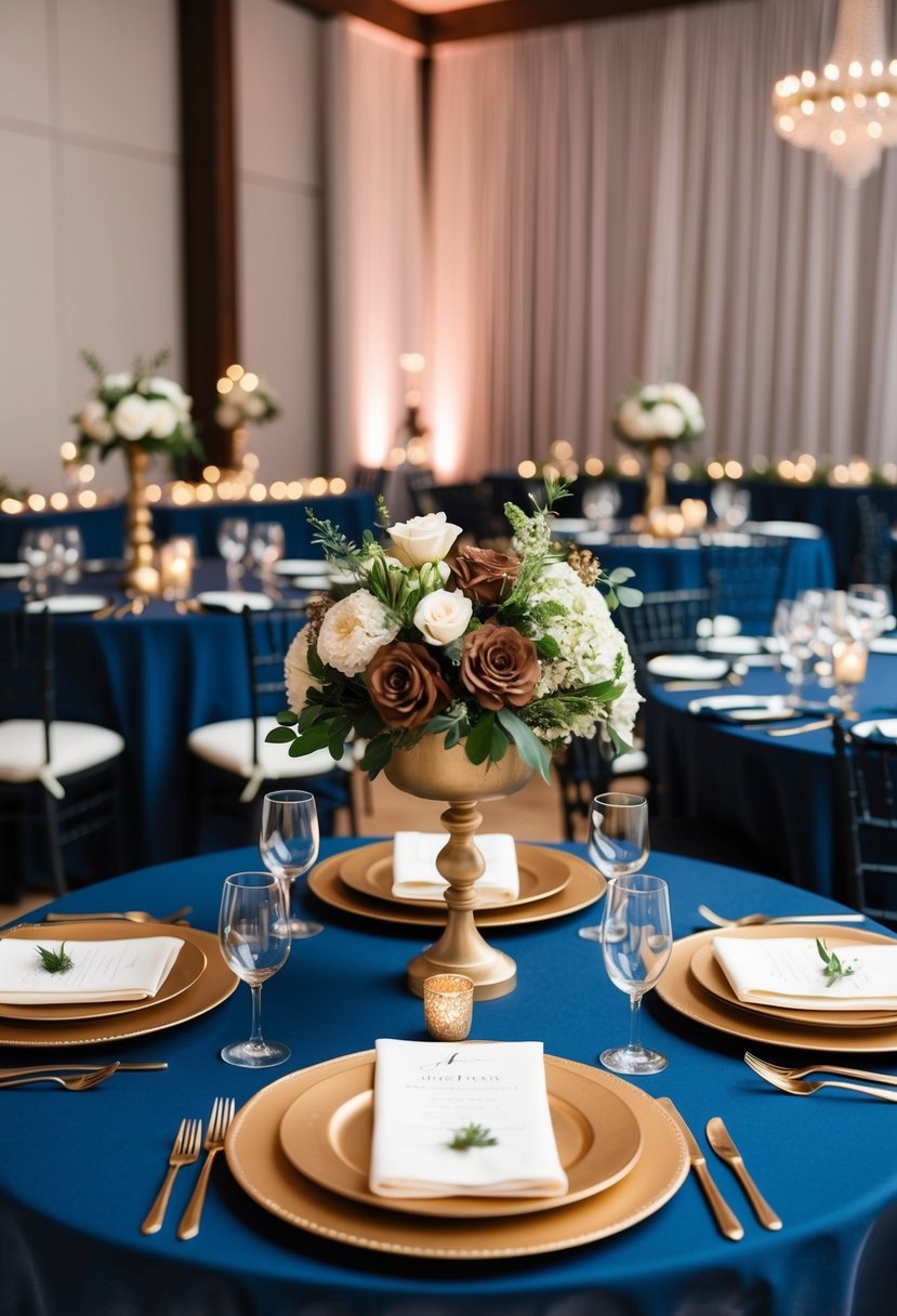 A wedding reception with navy blue tablecloths, brown floral centerpieces, and gold place settings