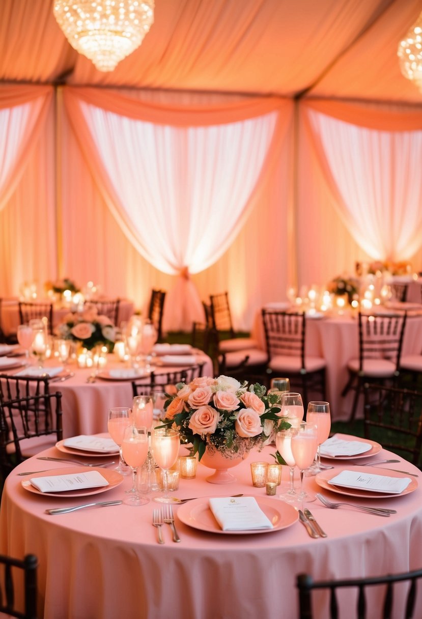 Soft peach lighting illuminates a romantic wedding table set with peach and pink decor