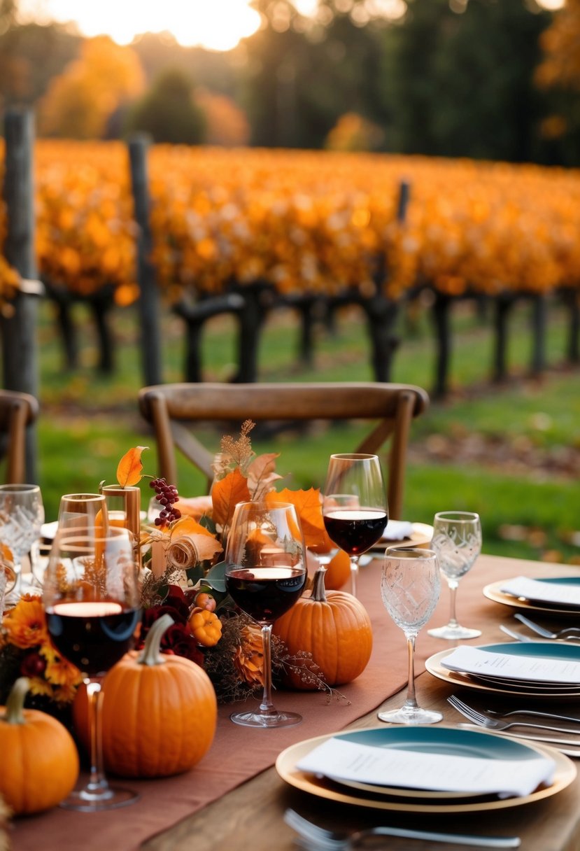 A cozy autumn wedding scene with warm wine and orange tones, featuring a rustic vineyard setting and elegant table decor