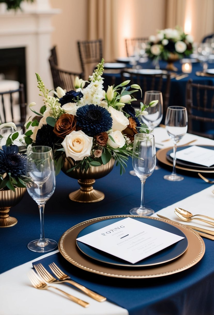 A sophisticated wedding setting with navy and espresso brown decor, including elegant floral arrangements and luxurious table settings