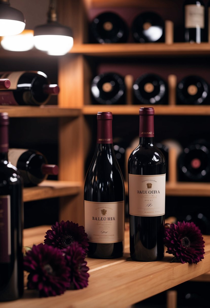 A dimly lit wine cellar with rich, deep red wine bottles and dark plum-colored floral arrangements