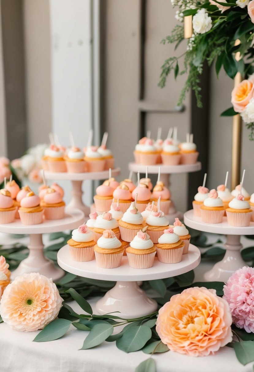 A dessert table adorned with peach and pink treats, flowers, and decor for a wedding celebration