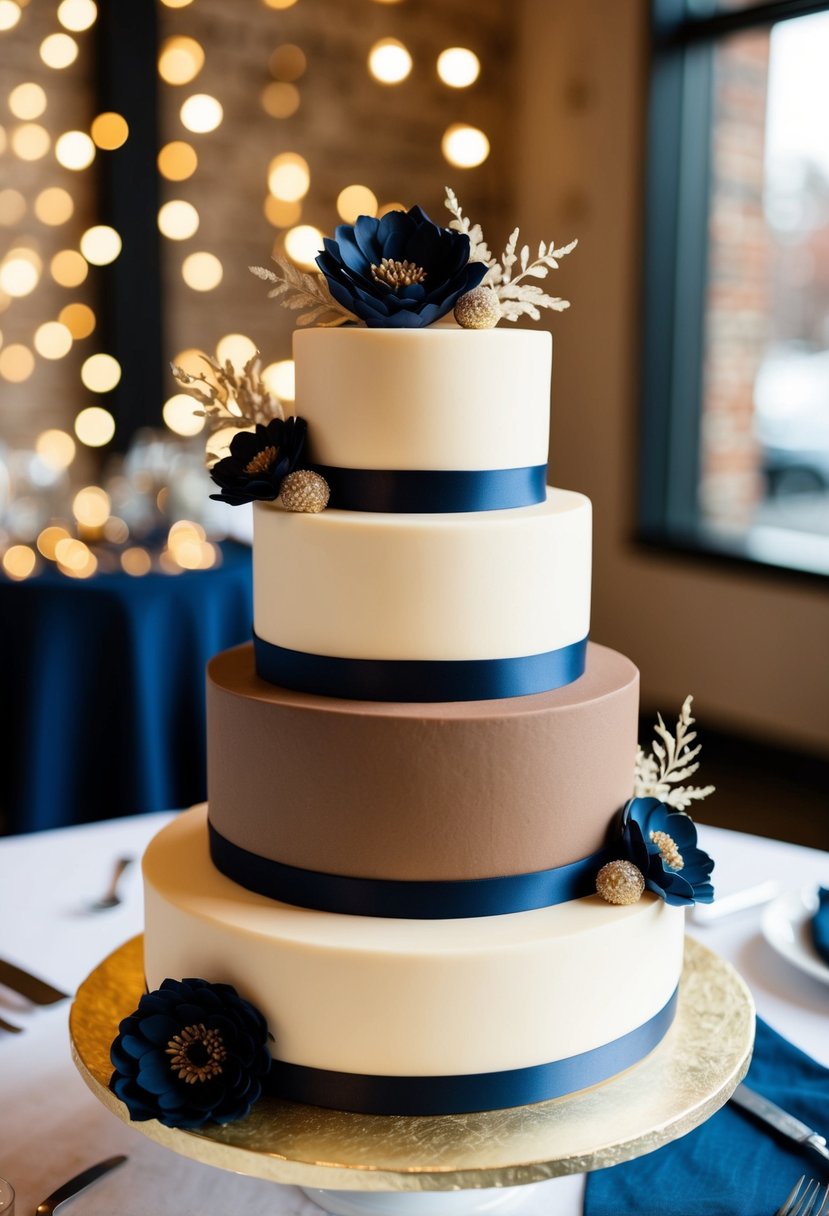 A tiered cake with champagne, navy, and brown layers, adorned with navy blue and brown floral decorations