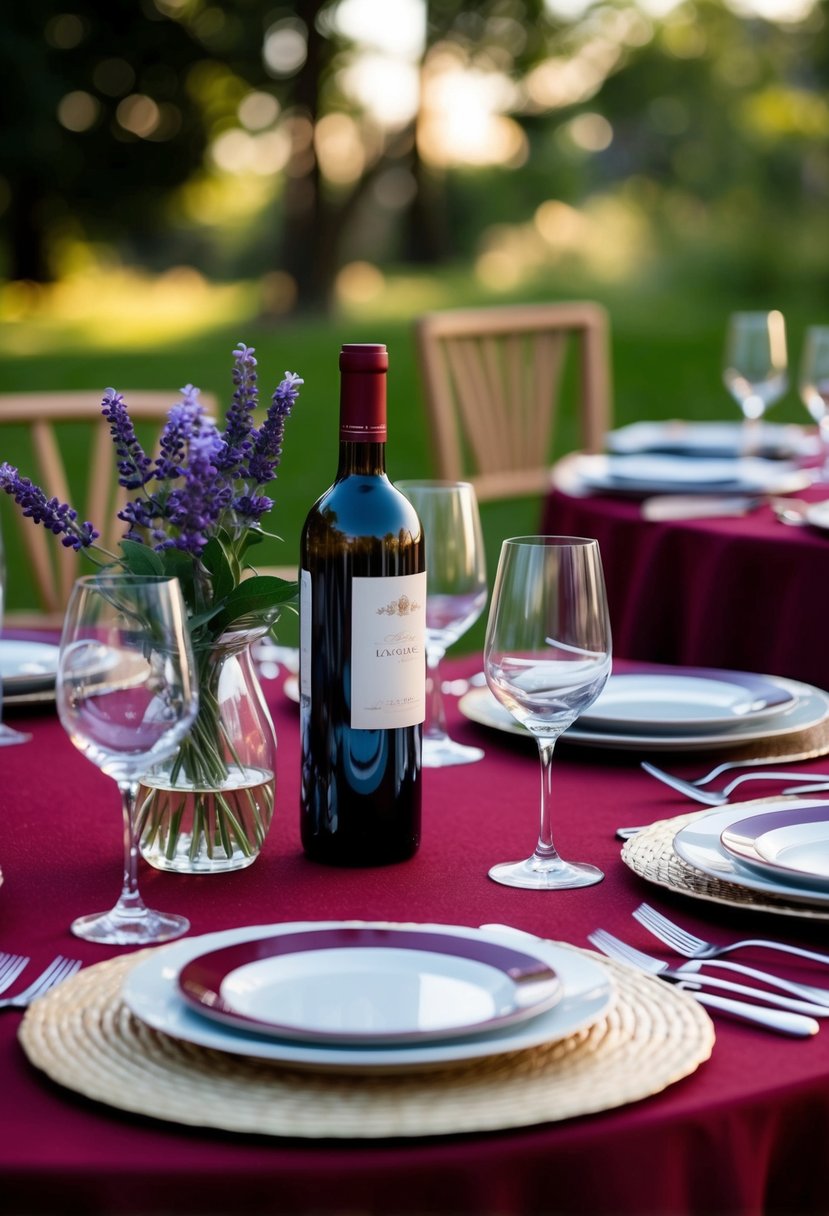 A table set with a deep red tablecloth, adorned with lavender flowers and a bottle of wine