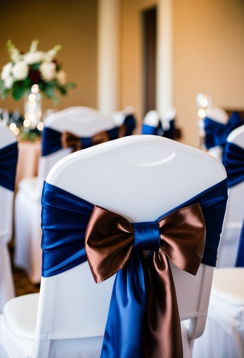 Navy blue and brown chair sashes tied in elegant bows on wedding reception chairs