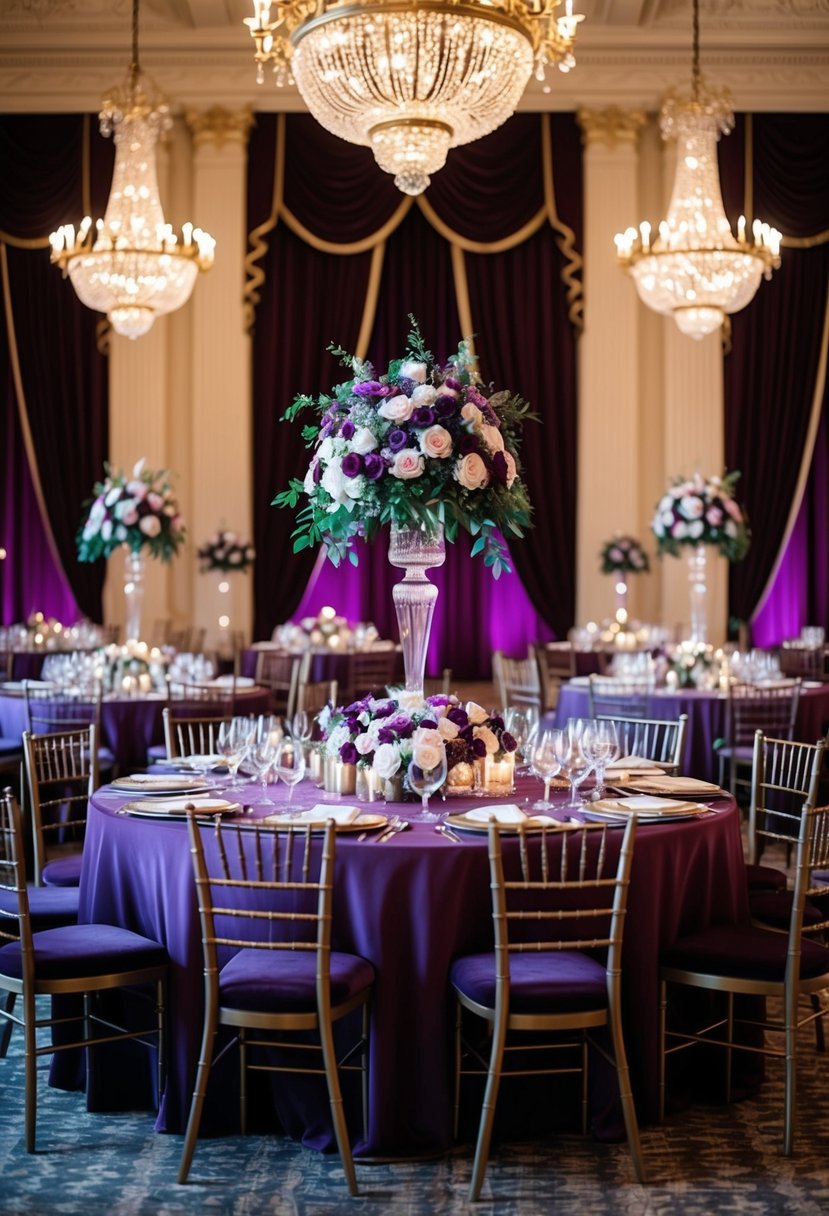 A grand ballroom adorned with royal wine and deep purple decor, featuring elegant floral arrangements and luxurious velvet draperies