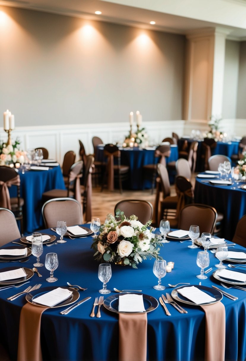 A navy blue and mocha brown wedding table with elegant centerpieces and matching decor