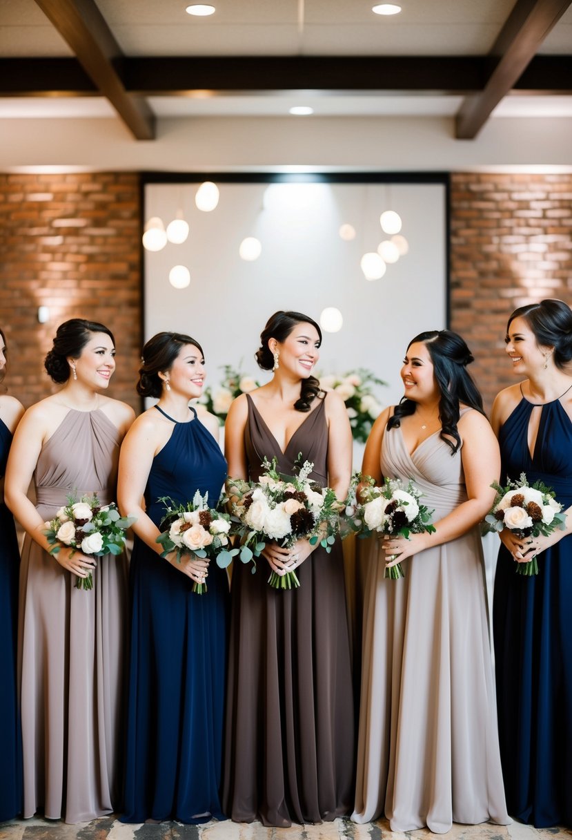 A wedding reception with navy blue and taupe bridesmaid dresses, accented with brown decor and flowers