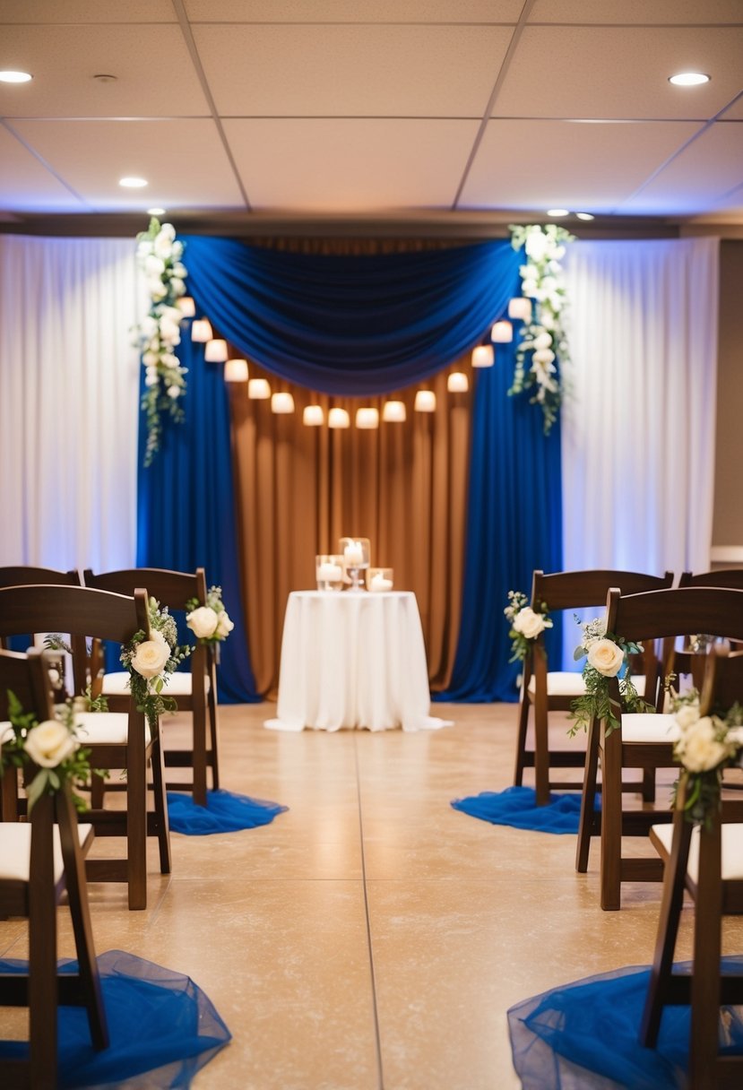 Navy blue and sienna brown decor in a wedding setting, with soft lighting accents