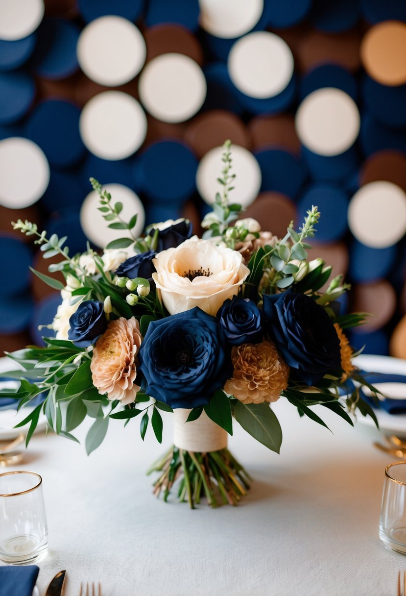 A dark navy blue and light brown floral arrangement set against a navy blue and brown wedding color scheme