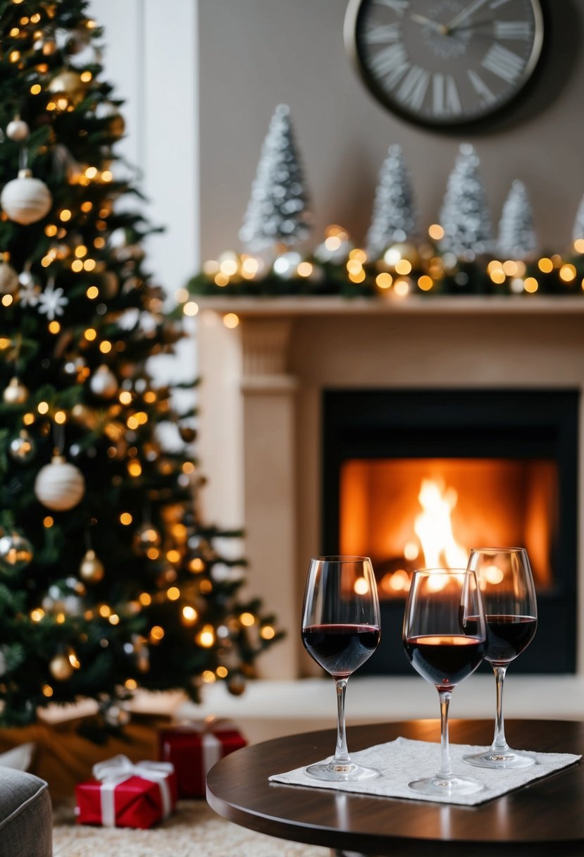 A cozy living room with a crackling fireplace, a beautifully decorated Christmas tree, and two glasses of wine on a table