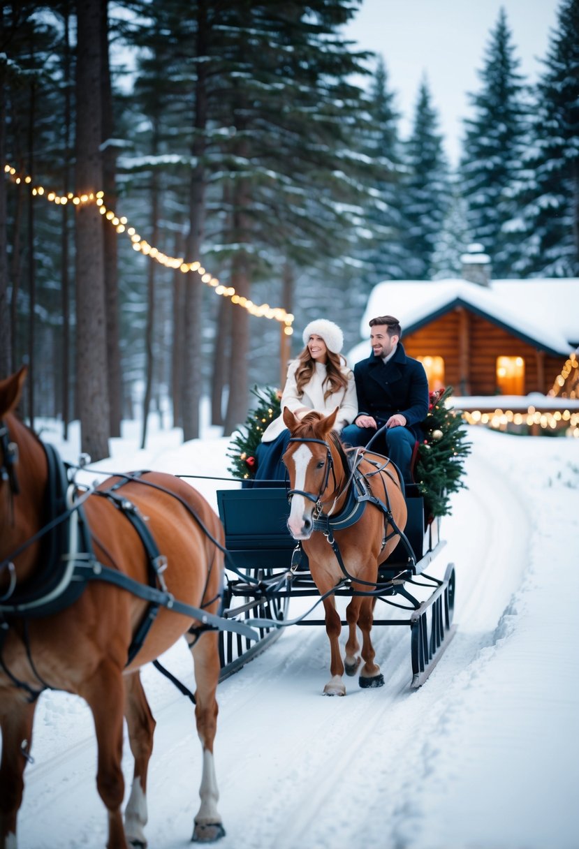 A couple rides in a horse-drawn sleigh through a snowy forest, passing by twinkling Christmas lights and a cozy cabin with a warm fire