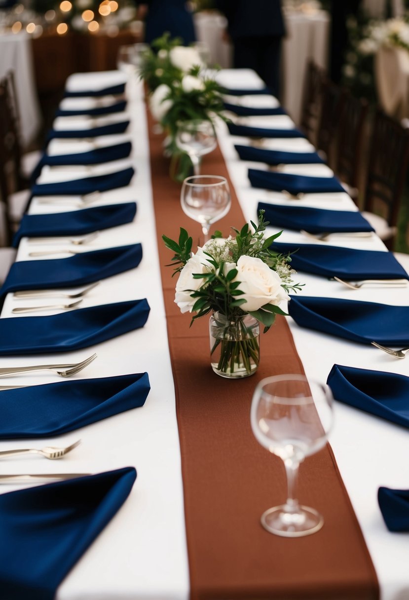 Navy blue and earth brown table runners arranged on a wedding reception table