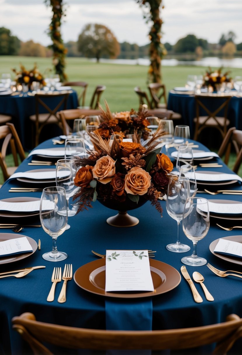 A romantic wedding table set with navy blue linens, accented with burnt umber floral centerpieces and brown place settings