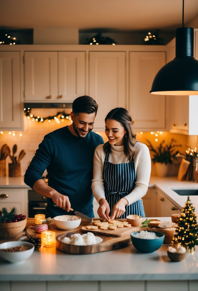 A cozy kitchen filled with the warm glow of holiday lights, a couple happily baking together, surrounded by festive ingredients and finished treats