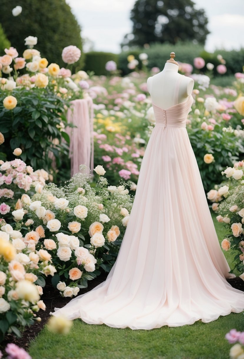 A garden filled with soft pastel flowers, a flowing pastel-colored wedding gown, and delicate pastel decorations