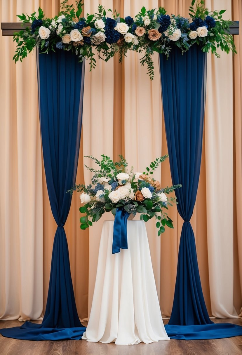 A navy blue and sepia brown wedding theme with draped fabric and floral arrangements