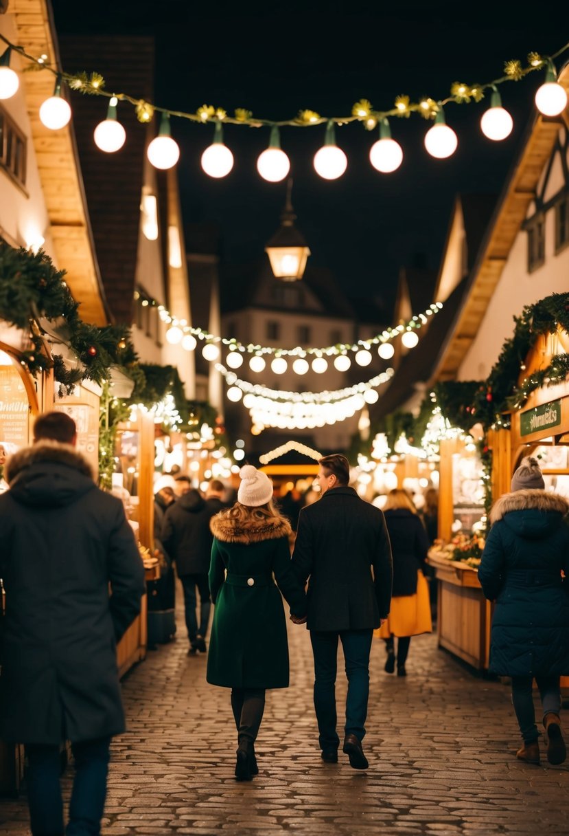 A cozy Christmas market with twinkling lights, festive decorations, and couples strolling hand in hand among the charming stalls