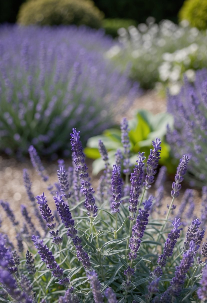 A serene garden with lavender and gray flowers, softly blending in harmony