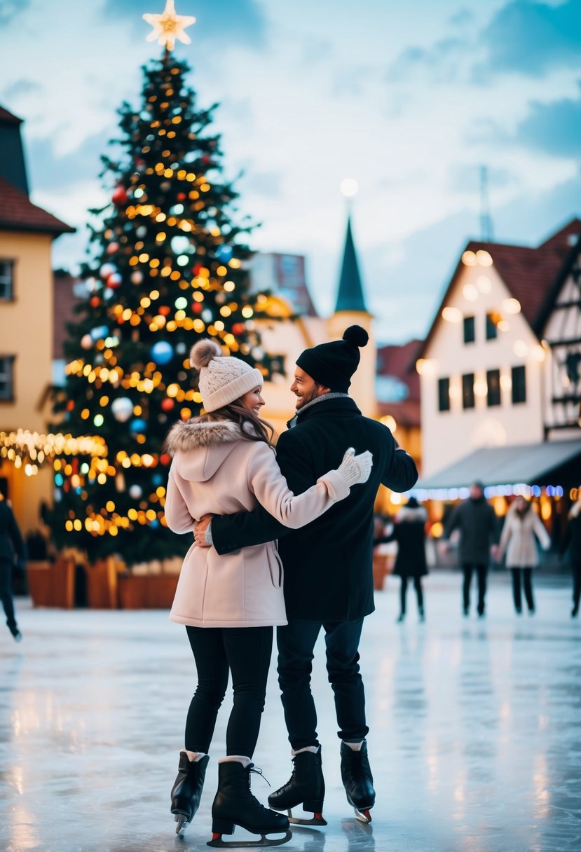 Couples ice-skating in a festive town square with twinkling lights and a decorated Christmas tree