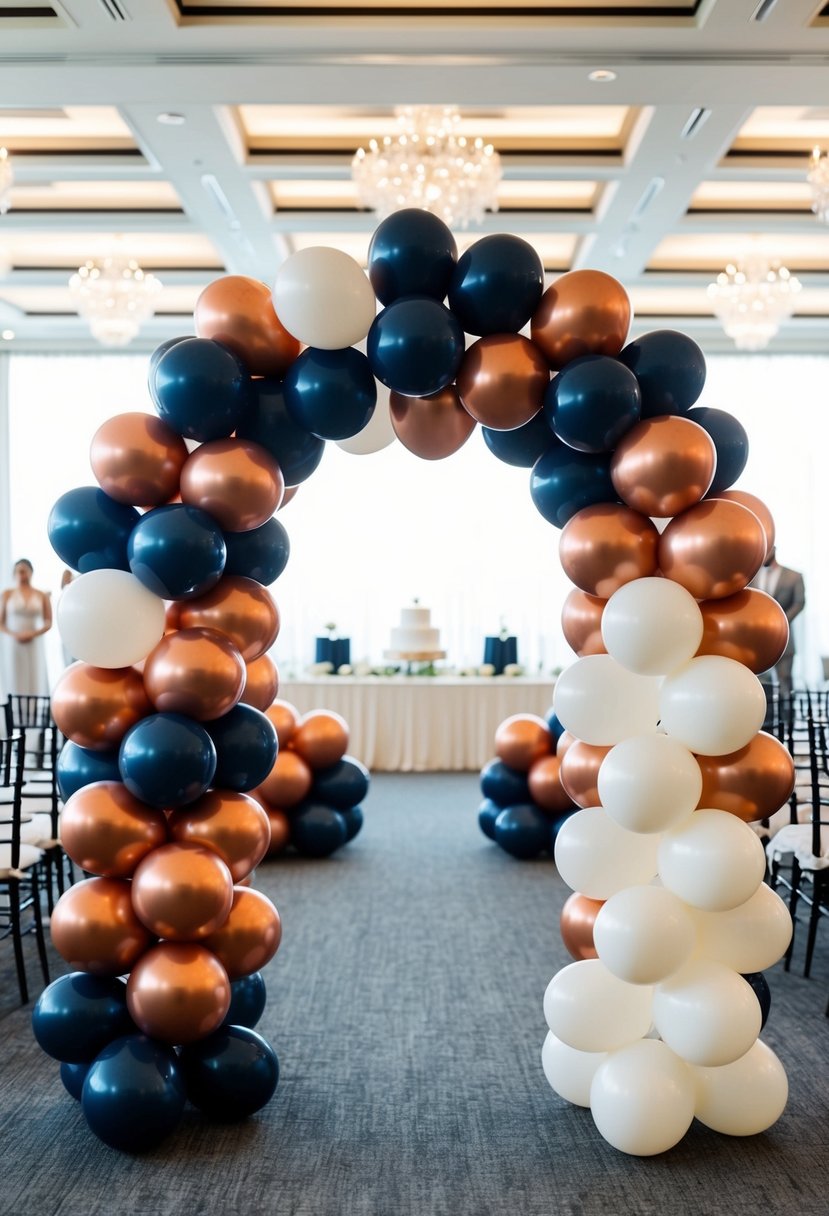 A grand balloon arch in navy, copper brown, and white stands as the focal point of a sophisticated wedding color scheme