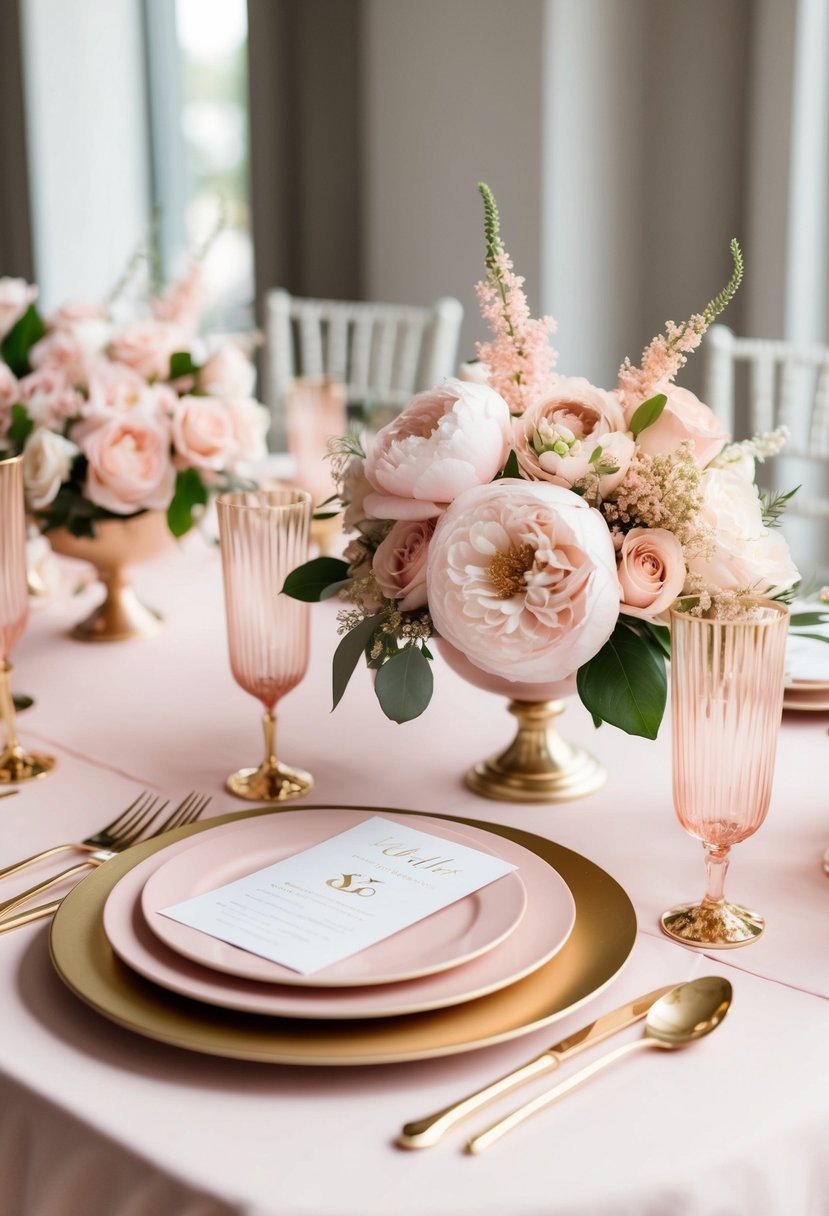 A blush pink and gold wedding table setting with elegant floral centerpieces and delicate gold accents