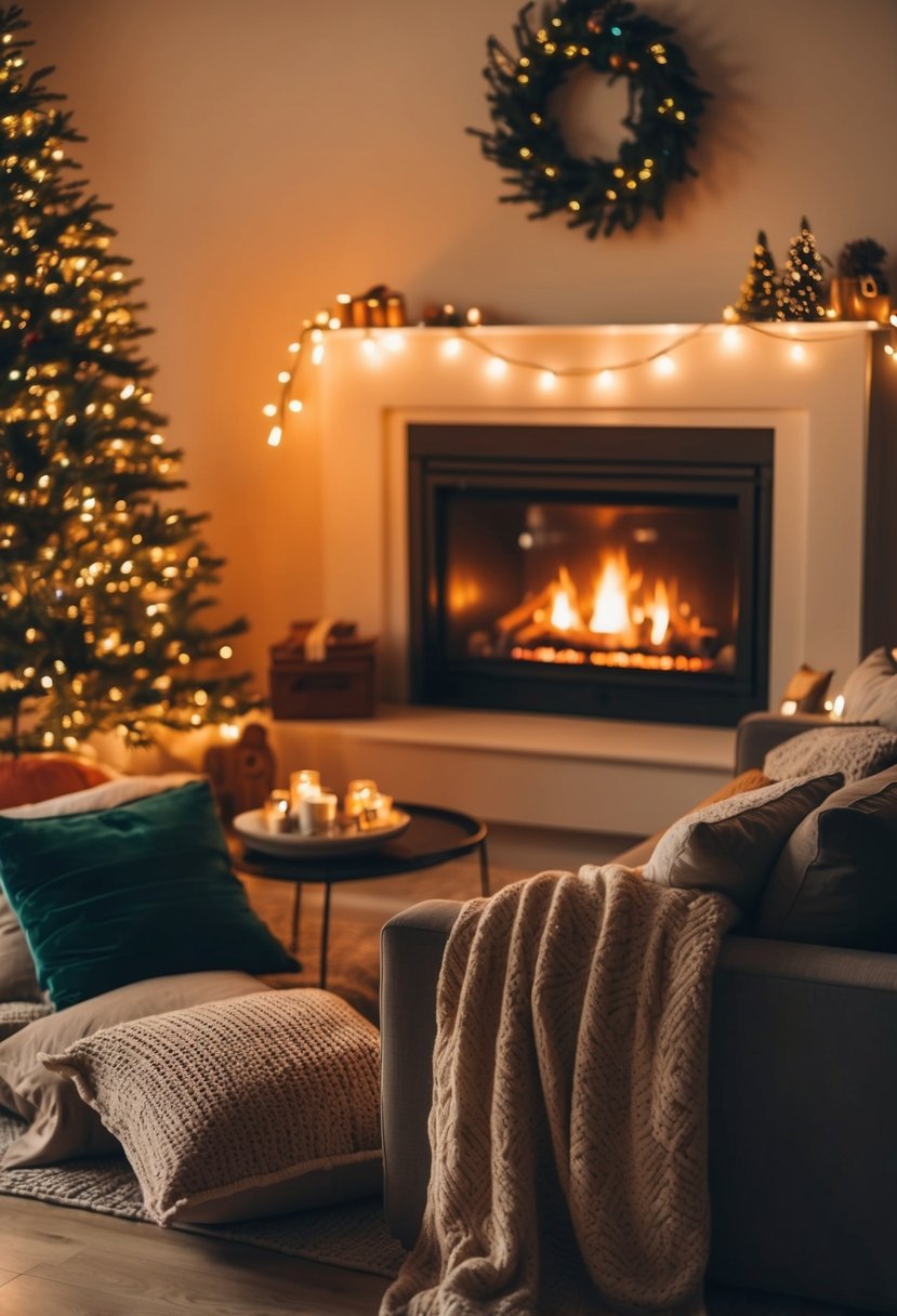 A warm living room with a glowing fireplace, twinkling Christmas lights, and a pile of cozy blankets and pillows for a Christmas movie marathon