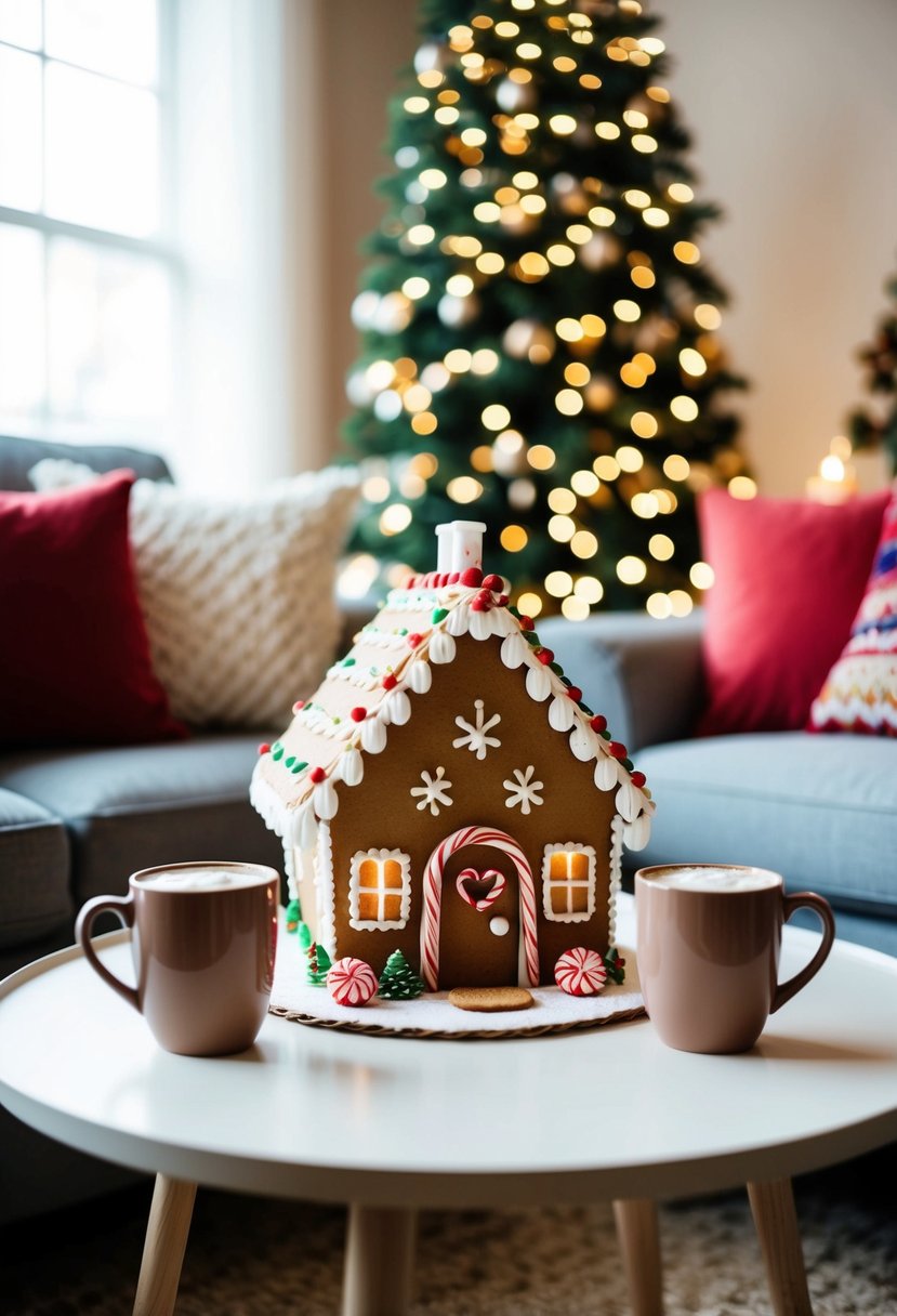 A cozy living room with a decorated gingerbread house, twinkling lights, and two mugs of hot cocoa on a table